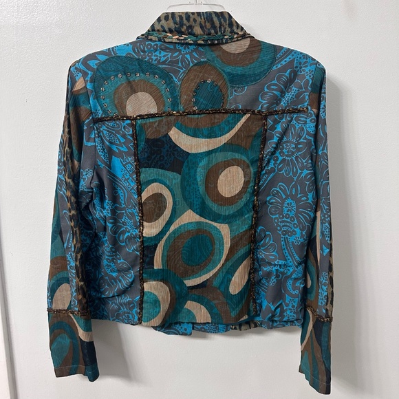 Vintage Sandy Starkman Turquoise & Brown Silk Jacket Size M Sequins Hippie Boho - Picture 6 of 10